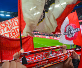 Schals und Fahnen in der Kölner Südkurve beim letzten Heimspiel mit organisiertem Support.