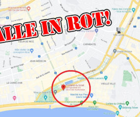 Karte mit eingezeichnetem Treffpunkt in Nizza und "Alle in Rot!"-AUfruf.