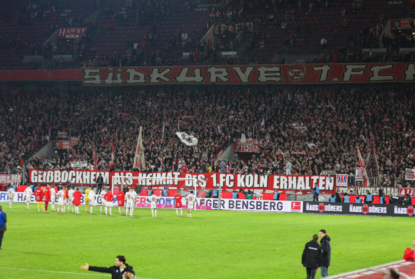 „Geißbockheim als Heimat des 1. FC Köln erhalten“-Spruchband in der Südkurve.