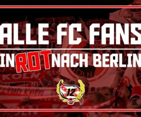 "Alle FC Fans in Rot nach Berlin"-Flyer.